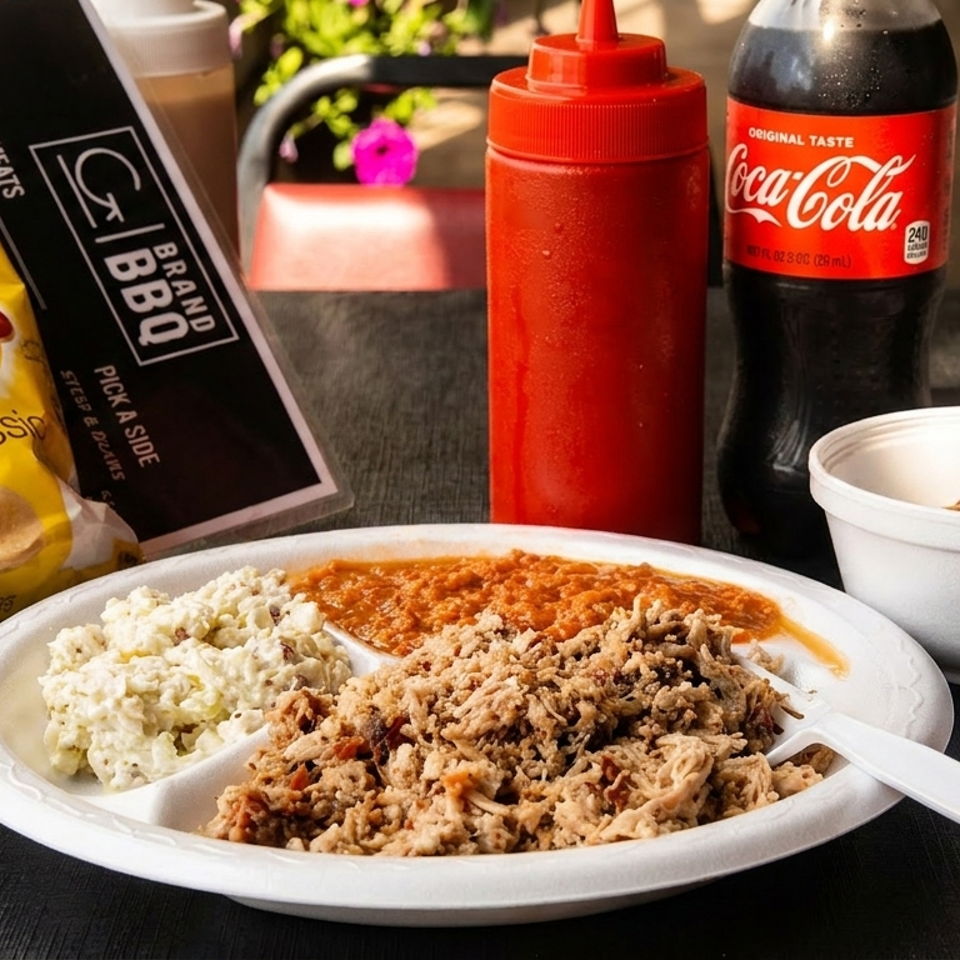 A BBQ plate with pulled pork, coleslaw, and sauce, alongside a menu, chips, and Coca-Cola.
