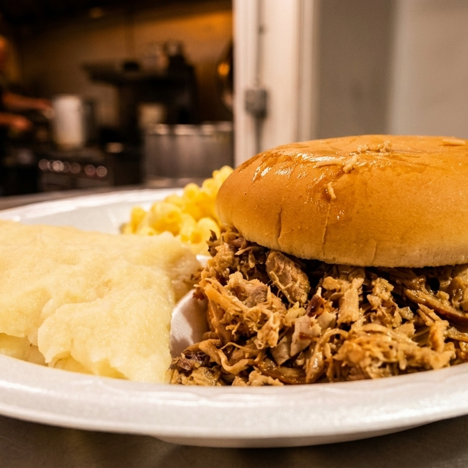 Pulled pork sandwich with mashed potatoes and macaroni and cheese on a white plate.