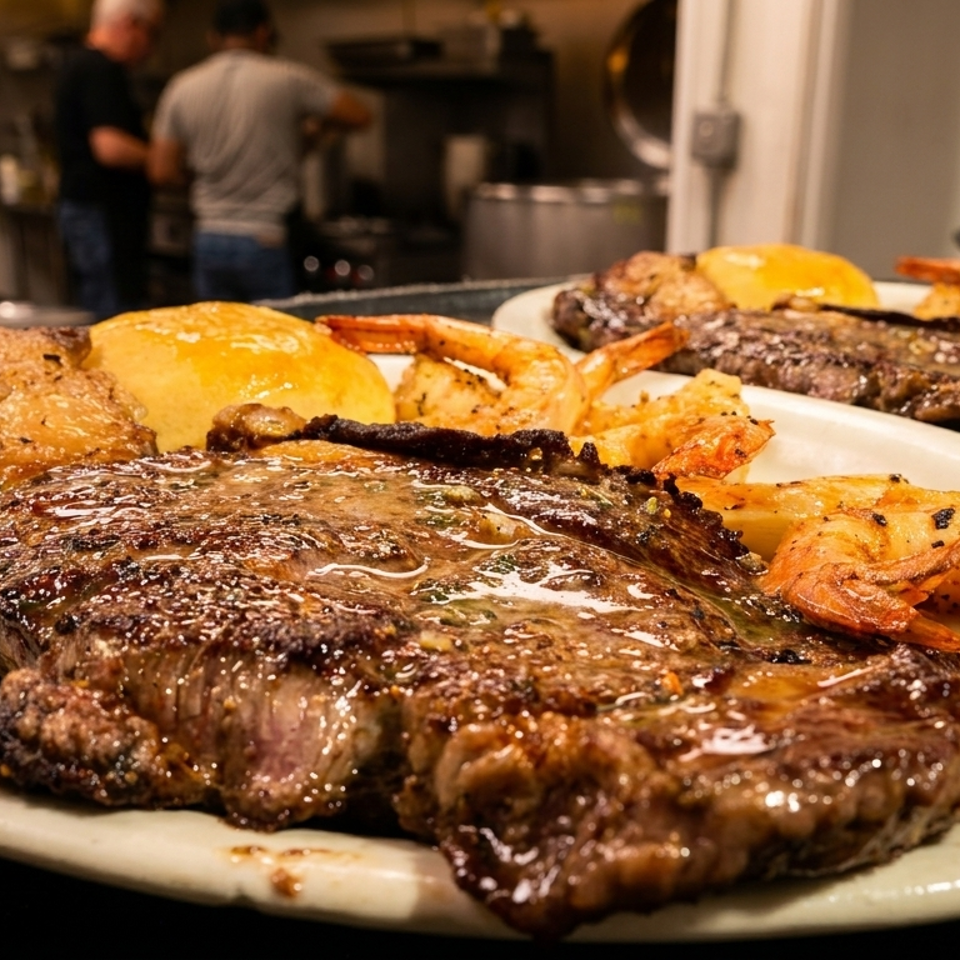 Two plates of grilled steak and shrimp with rolls, ready to be served from a restaurant kitchen.