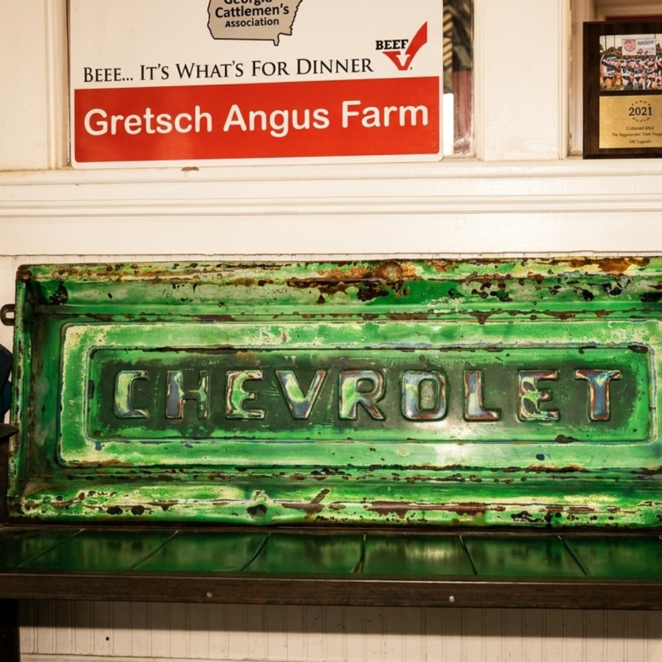 A rustic green Chevrolet tailgate bench with an American flag umbrella and farm signs.
