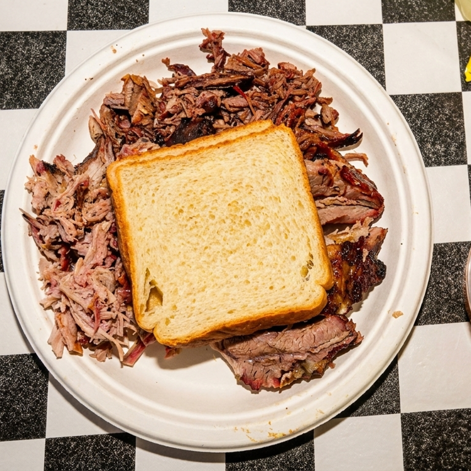 Barbecue plate with shredded pork, sliced brisket, white bread, and a side of sauce.