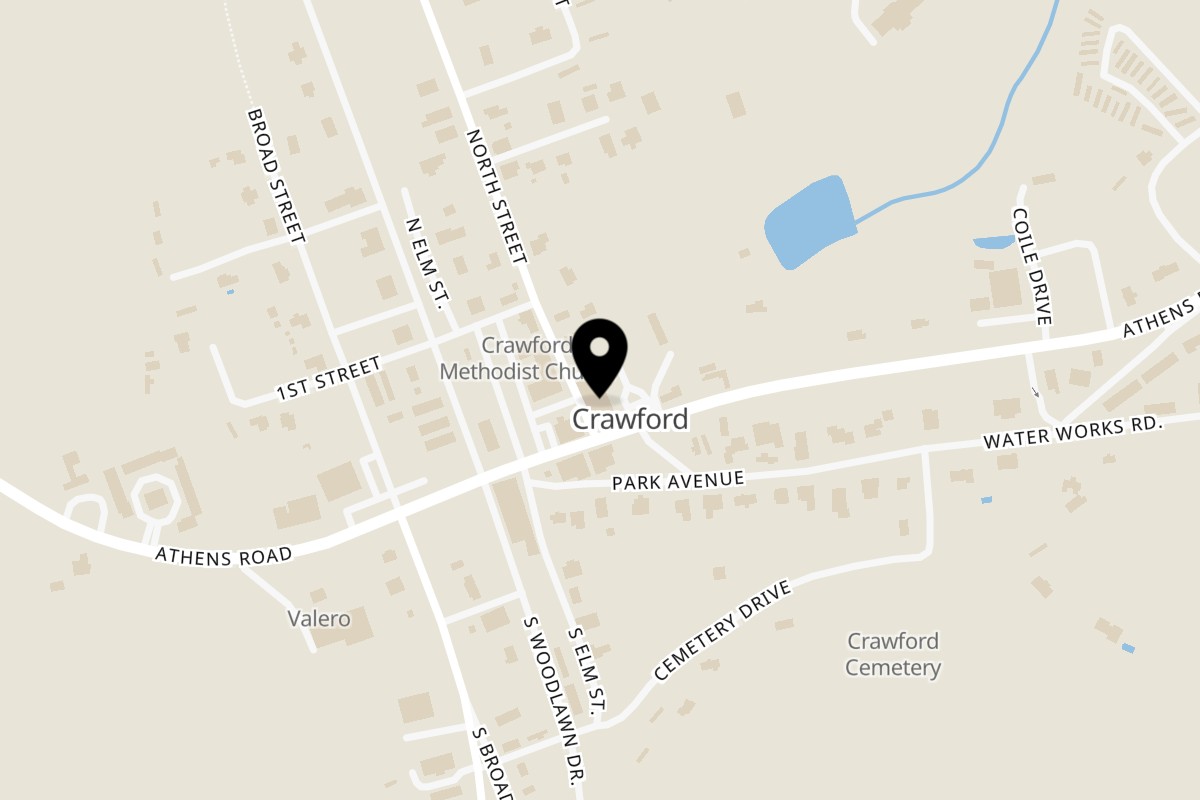 Map showing the location of G Brand BBQ on 1140 Athens Rd in Crawford